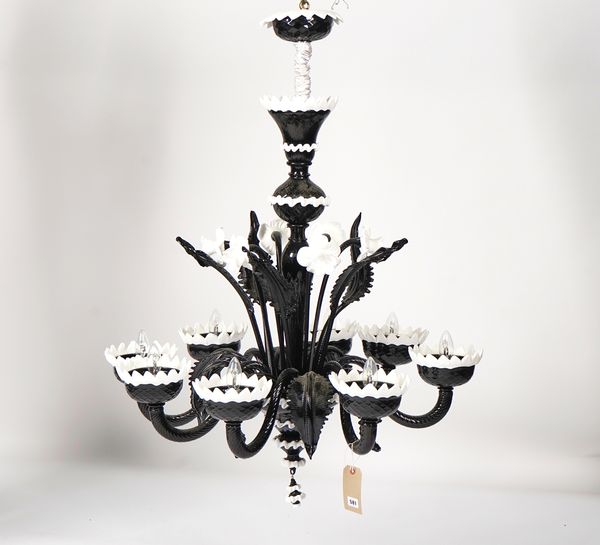 AN OPAQUE BLACK AND WHITE GLASS EIGHT-LIGHT CHANDELIER