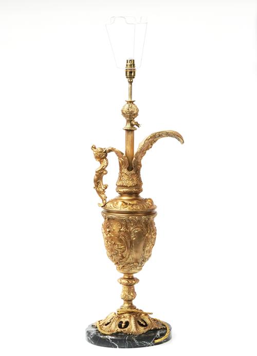 A GILT-METAL 'CELLINI STYLE' EWER MOUNTED AS A TABLE LAMP