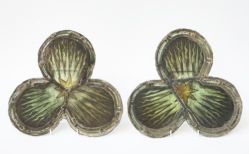 TWO TREFOIL-SHAPED PAINTED, LEADED AND STAINED GLASS PANELS