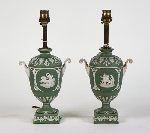 A PAIR OF WEDGWOOD GREEN JASPERWARE VASE TABLE LAMPS