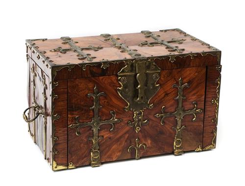 A 19TH CENTURY FRENCH BRASS MOUNTED ROSEWOOD AND KINGWOOD COFFRE FORT OR STRONG BOX