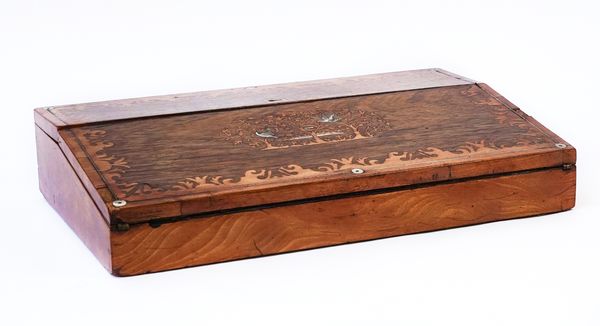 A 19TH CENTURY ANGLO-INDIAN MARQUETRY INLAID SATINWOOD AND ROSEWOOD WRITING SLOPE