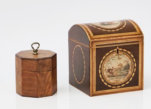 A GEORGE III INLAID HAREWOOD DOME TOP TEA CADDY