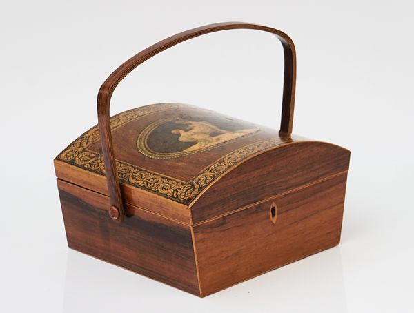A REGENCY PENWORK DECORATED ROSEWOOD DOME TOP SEWING BOX