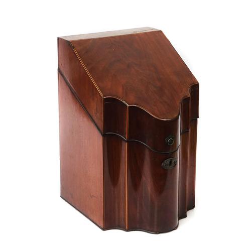 A GEORGE III INLAID MAHOGANY SLOPE TOP SERPENTINE FRONTED KNIFE BOX