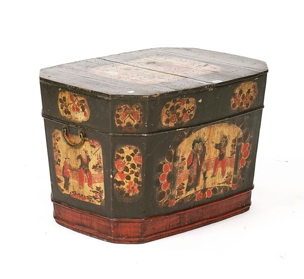 A CHINESE POLYCHROME PAINTED SOFTWOOD LIFT TOP PICNIC BOX