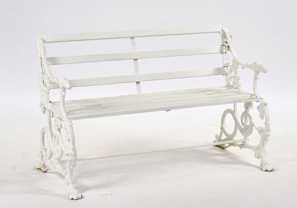 A 19TH CENTURY DOG AND GRAPE PATTERN WHITE PAINTED GARDEN BENCH AFTER A DESIGN BY COALBROOKDALE