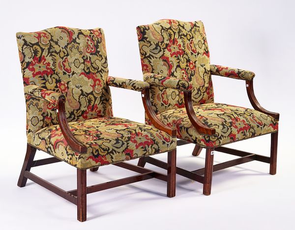 A PAIR OF GEORGE III STYLE MAHOGANY GAINSBOROUGH ARMCHAIRS