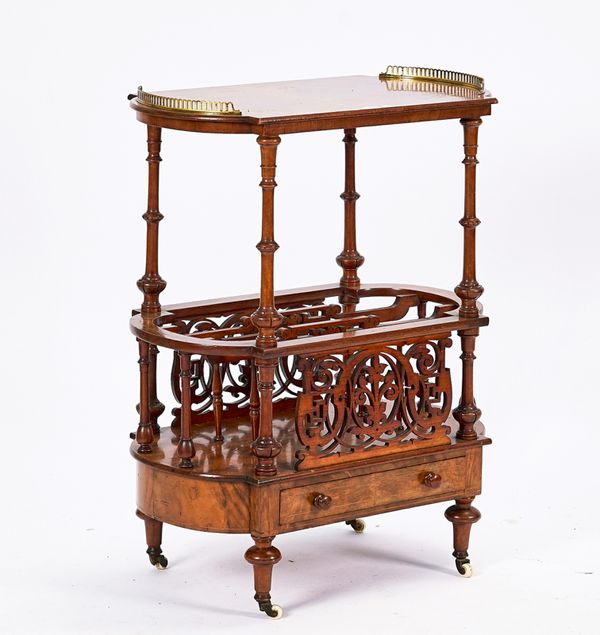 A VICTORIAN MARQUETRY INLAID FIGURED WALNUT CANTERBURY WHATNOT