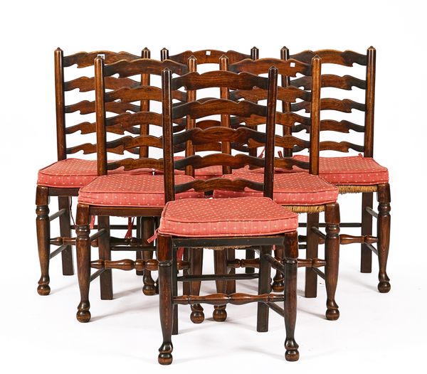 A MATCHED SET OF SIX ASH FRAMED LANCASHIRE LADDERBACK DINING CHAIRS