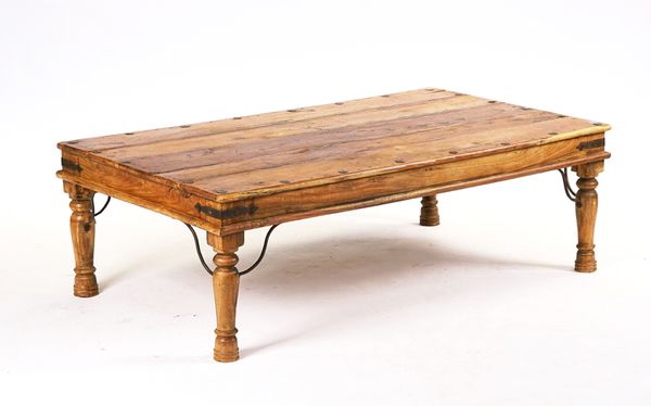 AN INDIAN IRON BOUND HARDWOOD RECTANGULAR COFFEE TABLE