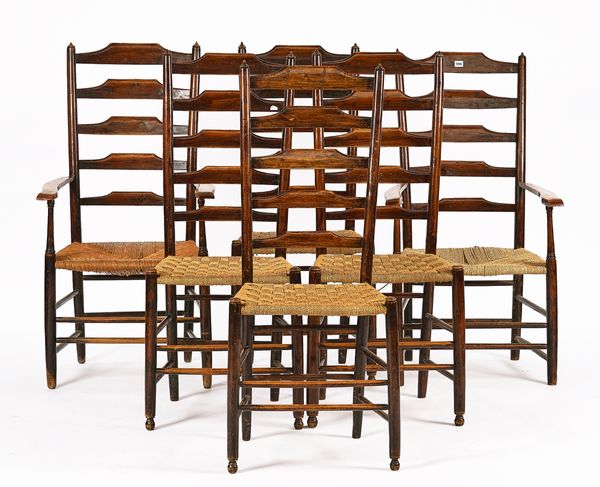 A MATCHED SET OF SIX ASH HIGH LADDER BACK DINING CHAIRS