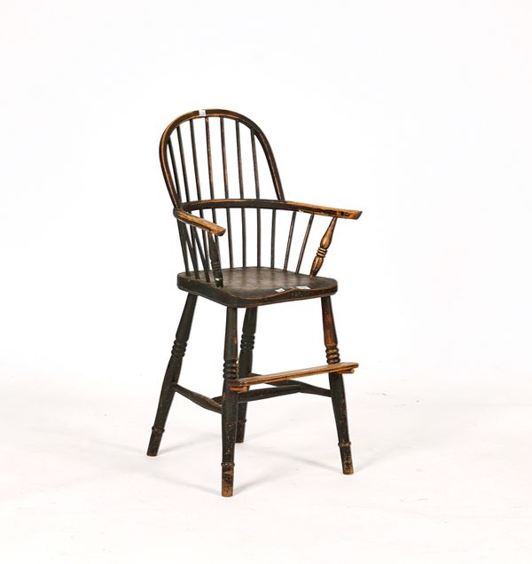 A VICTORIAN BLACK-PAINTED ASH, ELM, BEECH AND ALDER CHILD’S WINDSOR HIGH-CHAIR