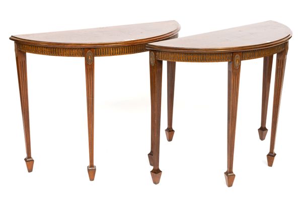 A PAIR OF GEORGE III STYLE MAHOGANY SEMI-ELLIPTIC CONSOLE TABLES (2)