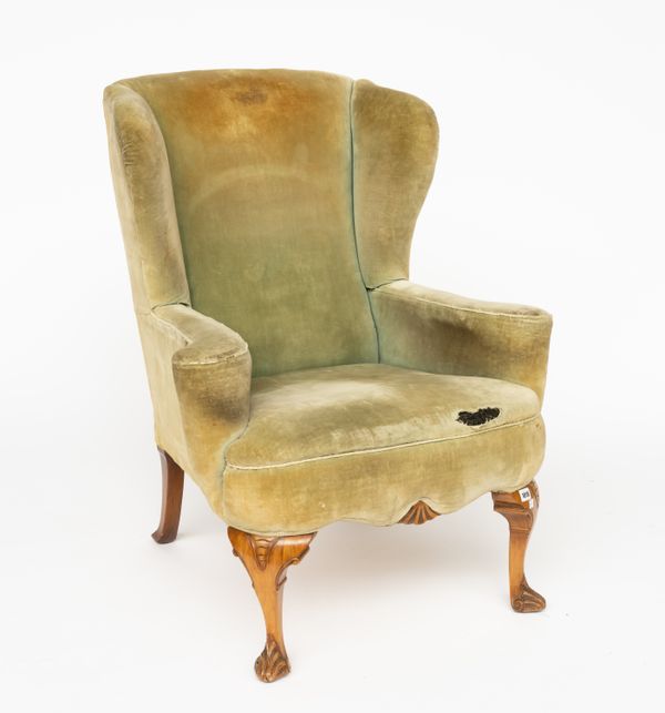 A 20TH CENTURY GEORGE I STYLE WALNUT WINGBACK ARMCHAIR