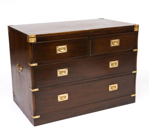 A CAMPAIGN STYLE BRASS BOUND MAHOGANY CHEST OF DRAWERS