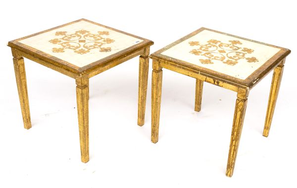 A PAIR OF ITALIAN SQUARE PARCEL GILT OCCASIONAL TABLES (2)