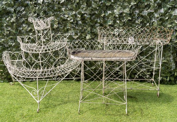 AN EDWARDIAN WHITE PAINTED WIREWORK THREE TIER SEMI ELLIPTIC PLANT STAND (3)