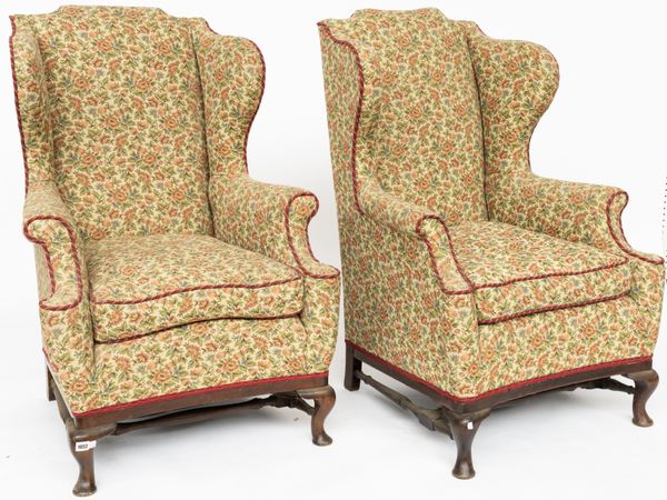 A PAIR OF QUEEN ANNE STYLE WINGBACK ARMCHAIRS (2)