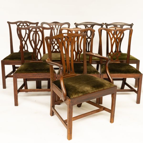 A MATCHED SET OF EIGHT GEORGE III MAHOGANY FRAMED PIERCED SPLAT BACK DINING CHAIRS (8)