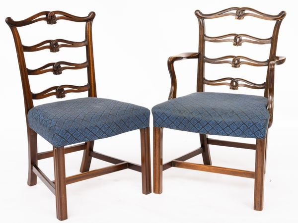 A SET OF TWELVE MID-18TH CENTURY STYLE MAHOGANY RIBBON BACK DINING CHAIRS (12)