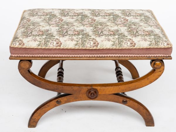 A VICTORIAN WALNUT RECTANGULAR FOOTSTOOL ON X-FRAME BASE