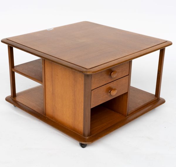 PROBABLY ERCOL; A 20TH CENTURY MAHOGANY SQUARE COMPENDIUM COFFEE TABLE