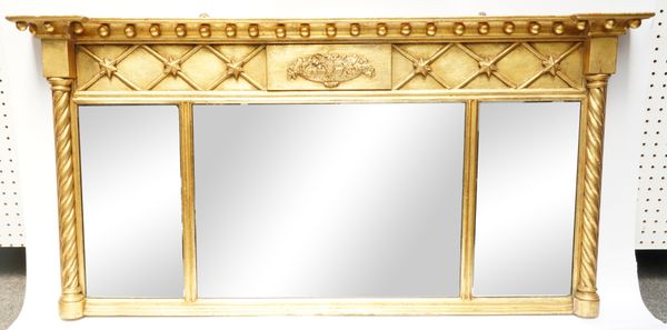 A REGENCY GILT FRAMED TRIPLE PLATE OVERMANTEL MIRROR