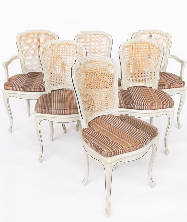 A SET OF SIX GREY PAINTED CANE-WORK DINING CHAIRS, TO INCLUDE A PAIR OF CARVERS (6)