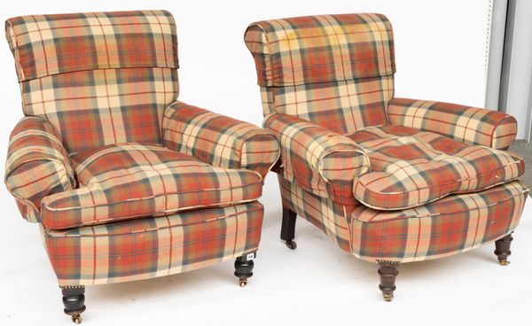 A NEAR PAIR OF VICTORIAN TARTAN UPHOLSTERED EASY ARMCHAIRS (2)