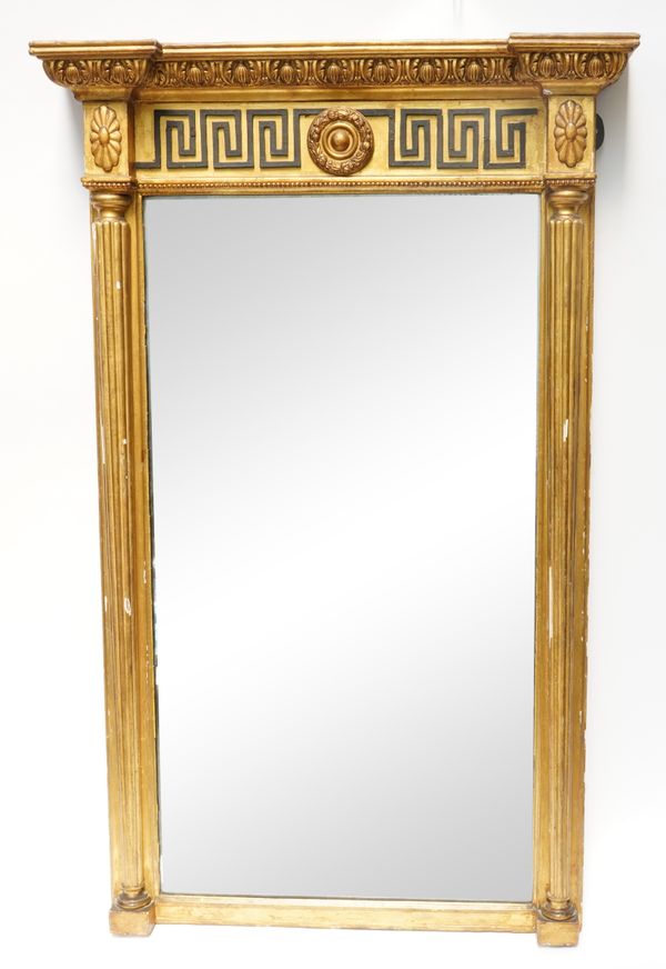 A REGENCY GILT FRAMED PIER GLASS WITH EBONISED GREEK KEY FRIEZE