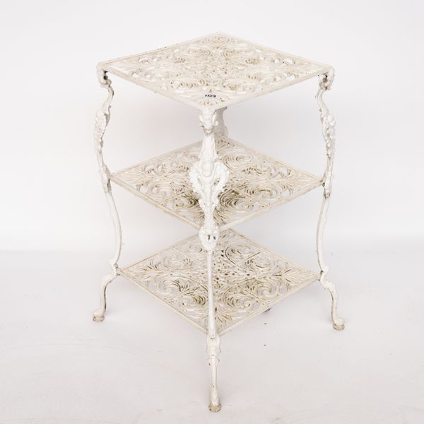 A PAIR OF WHITE PAINTED CAST ALUMINIUM TWO TIER PLANT STANDS (2)