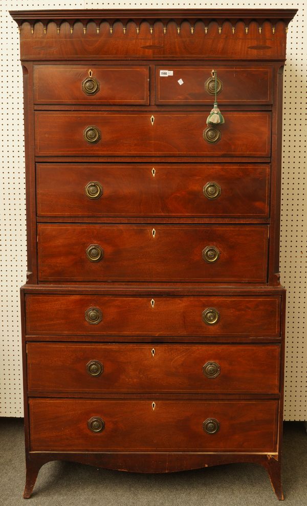 A GEORGE III INLAID MAHOGANY CHEST ON CHEST ON SPLAYED BRACKET FEET