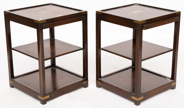 A PAIR OF CAMPAIGN STYLE BRASS MOUNTED MAHOGANY THREE TIER OCCASIONAL TABLES (2)