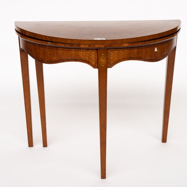 A GEORGE III INLAID SATINWOOD DEMI-LUNE CARD TABLE