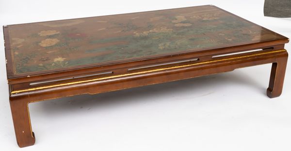 A LARGE CHINESE HARDWOOD RECTANGULAR COFFEE TABLE WITH INSET POLYCHROME PAINTED PANEL