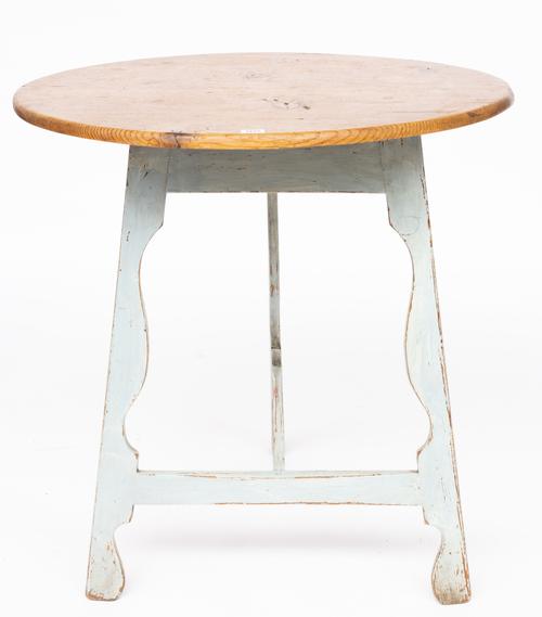 A CIRCULAR PINE CRICKET TABLE ON BLUE PAINTED SILHOUETTE BASE