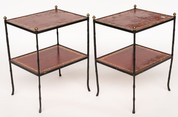 A PAIR OF EBONISED METAL FAUX BAMBOO TWO TIER ETAGERES (2)