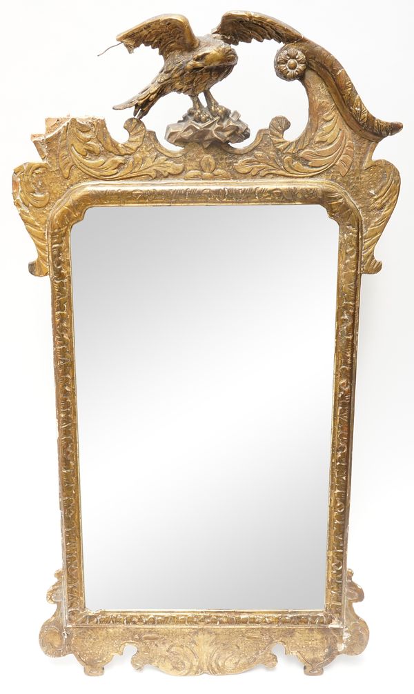 A GEORGE II GILT FRAMED PIER GLASS WITH HO HO BIRD CREST