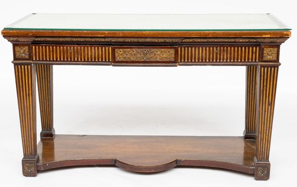 A 19TH CENTRY PARCEL GILT MAHOGANY THREE DRAWER CONSOLE TABLE