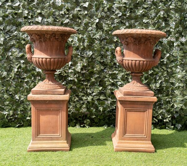 A PAIR OF TERRACOTTA TWIN HANDLE JARDINIÈRES (2)