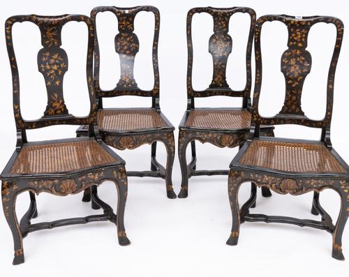WITHDRAWN A SET OF FOUR QUEEN ANNE LATER JAPANNED VASE BACK SIDE CHAIRS (4)