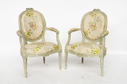 A PAIR OF 18TH CENTURY FRENCH DUCK EGG BLUE PAINTED OPEN ARMCHAIRS WITH RIBBON TIED CREST (2)