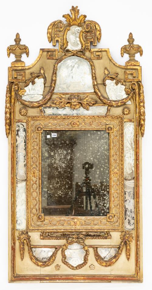 A LATE 18TH CENTURY ITALIAN POLYCHROME PAINTED PARCEL GILT VENETIAN GLASS INSET MIRROR