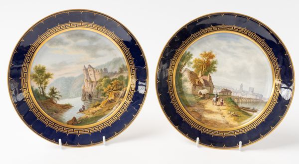 A PAIR OF SEVRES- STYLE BLUE GROUND PLATES (2)