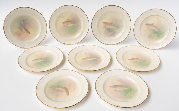 NINE MINTON BONE CHINA FISH PLATES PAINTED BY J.E. DEAN (9)