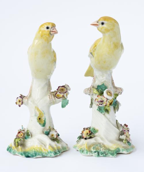 A RARE PAIR OF DERBY PORCELAIN MODELS OF CANARIES (2)