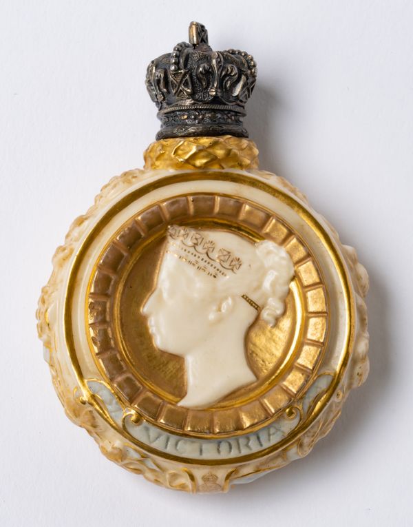 A ROYAL WORCESTER BLUSH IVORY GOLDEN JUBILEE COMMEMORATIVE SCENT BOTTLE