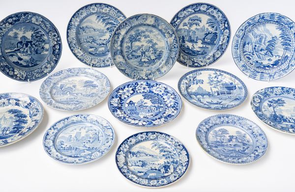 TEN STAFFORDSHIRE BLUE AND WHITE PRINTED EARTHENWARE DINNER PLATE AND THREE DESSERT PLATES (13)