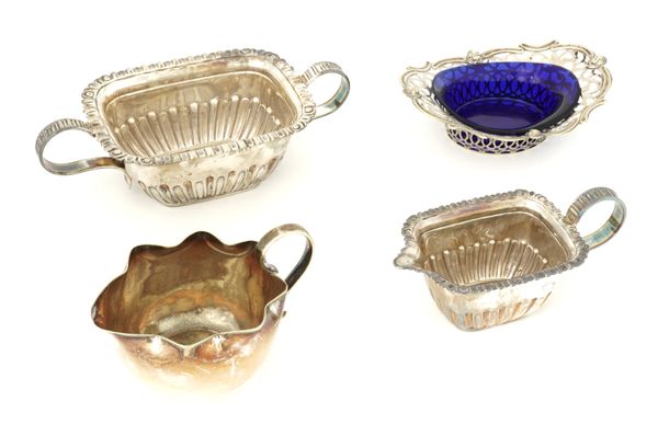 A VICTORIAN SILVER TWIN HANDLED SUGAR BOWL, A MATCHING MILK JUG AND TWO FURTHER ITEMS (4)